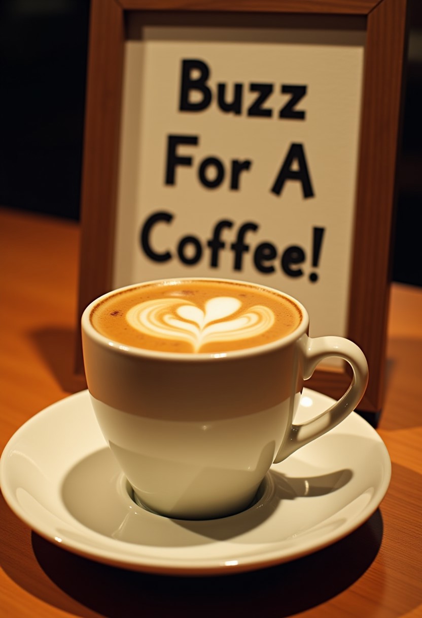A single coffee on a dinner plate on a table, with a sign next to it saying text ''Buzz For A Coffee!'' cinematic shot,