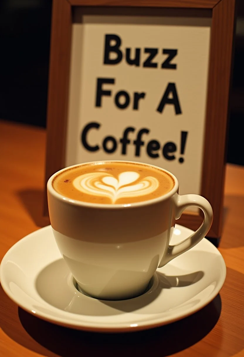 A single coffee on a dinner plate on a table, with a sign next to it saying text ''Buzz For A Coffee!'' cinematic shot,