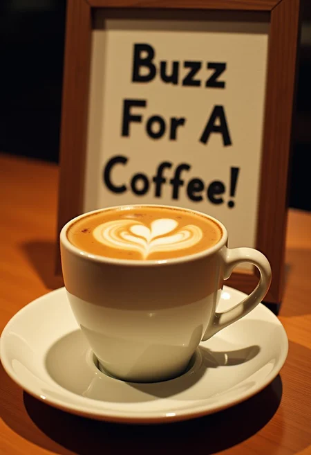 A single coffee on a dinner plate on a table, with a sign next to it saying text ''Buzz For A Coffee!'' cinematic shot,