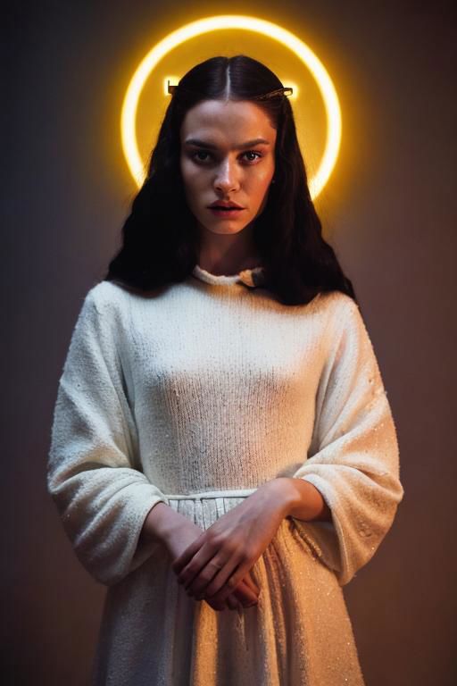 Film still, cinematic, fashion editorial portrait of a stormtroop from Star Wars, mona lisa painting, white pastel clothes, dark lights, motion blur, slow shutter speed, bokeh, shot on film, sharp focus, shot on canon, vibrant tones, colorful, low key, (detailed skin texture, detailed eyes)