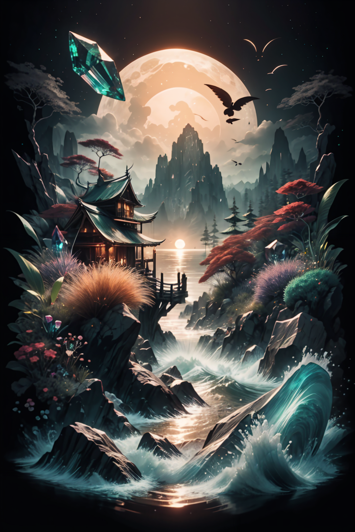 <lora:Calligraphy-ink-style-darquelilly-v1:1> calligraphyinkstyle, different flowers and gemstones, diamonds, rubies, zirkons, emeralds, aquamarins, harmonic fusion, volumetric lighting, night time, moonlight reflects in the water, black background, <lora:Crystals:0.7> crystalz