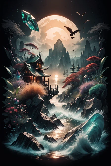 <lora:Calligraphy-ink-style-darquelilly-v1:1> calligraphyinkstyle, different flowers and gemstones, diamonds, rubies, zirkons, emeralds, aquamarins, harmonic fusion, volumetric lighting, night time, moonlight reflects in the water, black background, <lora:Crystals:0.7> crystalz