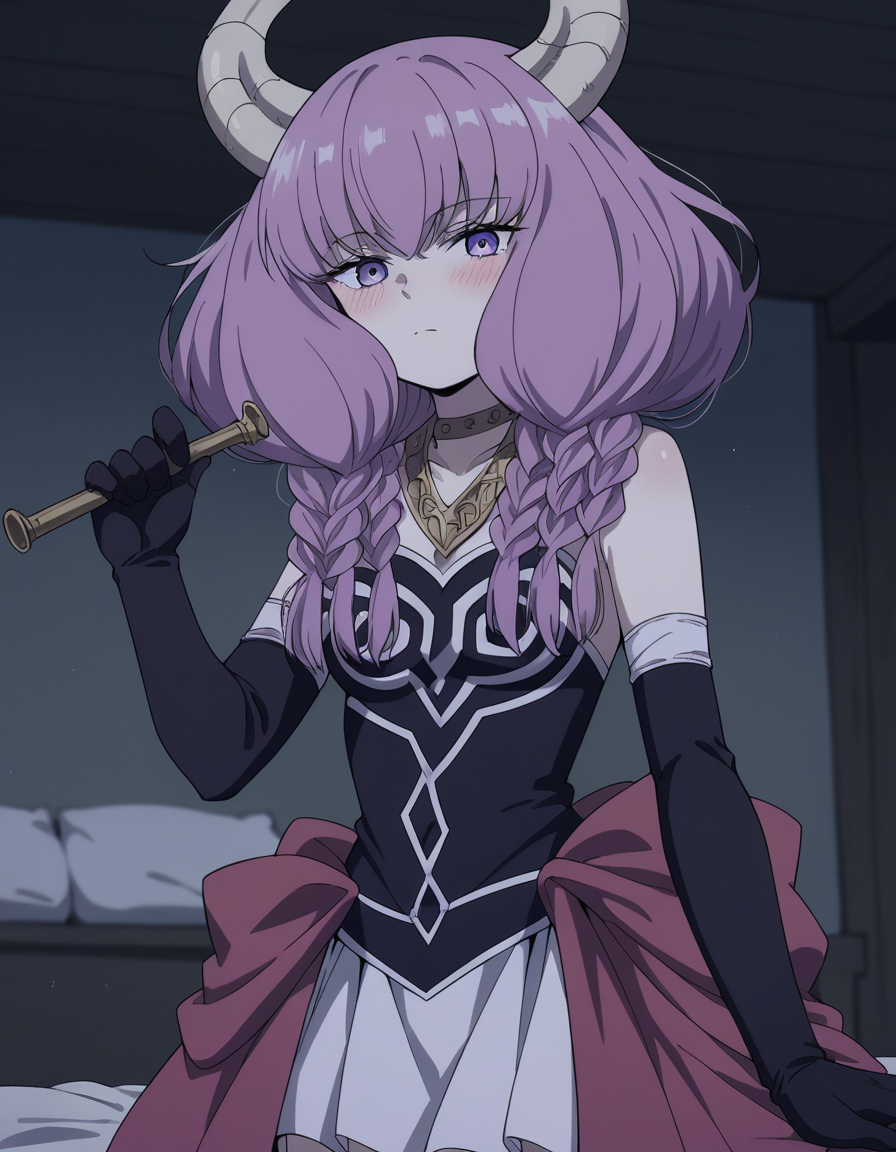 score_9, score_8_up, score_7_up, source_anime,
auratheguillotine, <lora:aura-the-guillotine-s1-ponyxl-lora-nochekaiser:1>,
aura the guillotine, long hair, purple eyes, purple hair, braid, horns, twin braids,
skirt, thighhighs, gloves, choker, black gloves, elbow gloves,
indoors, bed, bed room, on side, blush, drunk,
cowboy shot, solo, dutch angle, looking at viewer,