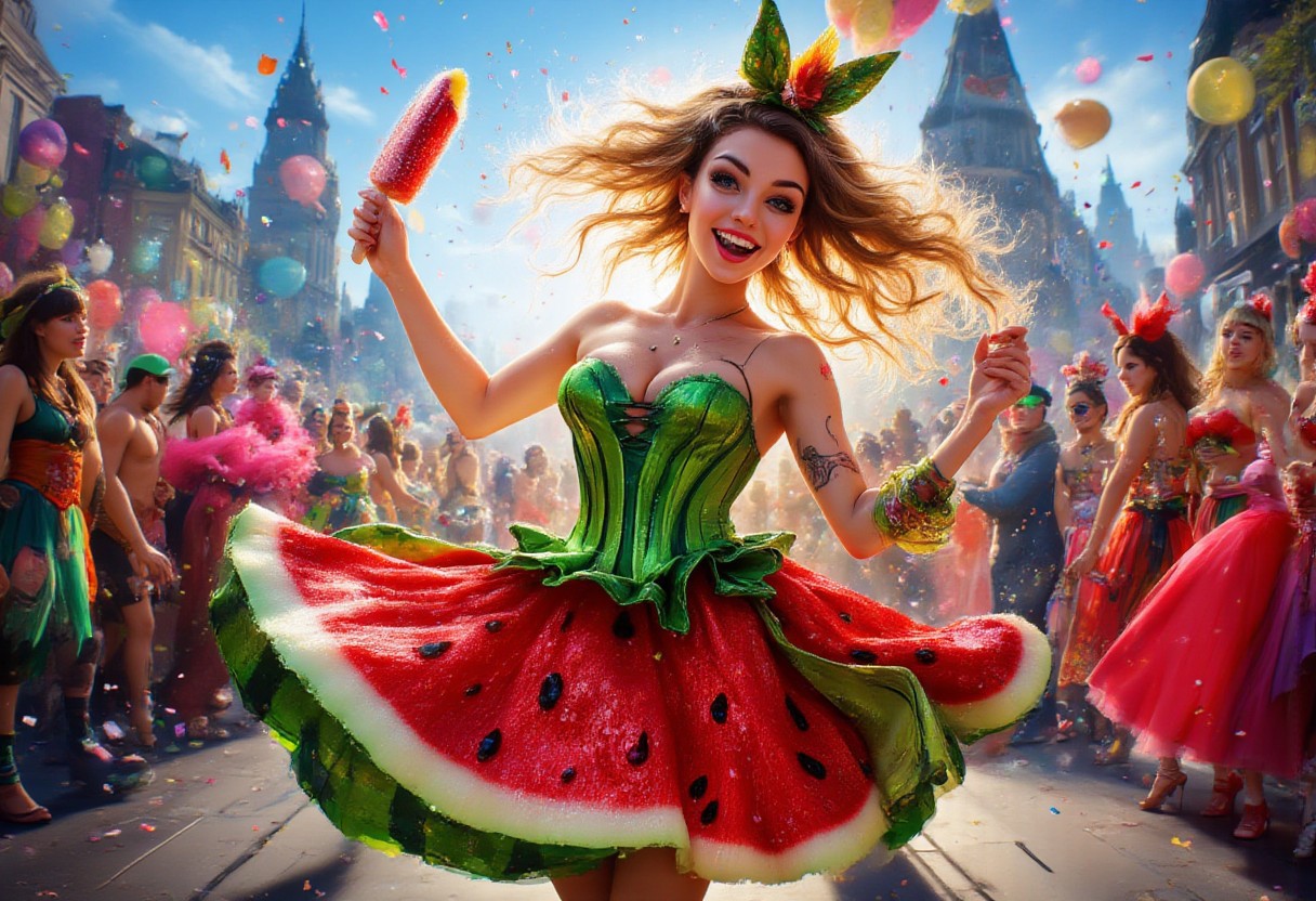 Ultra-detailed digital artwork, photorealistic style. A cheerful young woman wearing a whimsical watermelon costume: a glossy green corset with black stripes, a voluminous skirt shaped like a sliced watermelon (vivid red with shimmering black 'seeds' made of sequins). She dances joyfully at a sunlit summer parade, her hair flowing in motion, skirt swirling dynamically. Around her: a festive crowd in colorful costumes, confetti explosions, floating balloons, and banners decorating a vibrant city street. Background: blue sky, historic buildings adorned with flags. Style: Hyper-realistic textures (glistening watermelon rind, fabric folds on the corset), dramatic contrast between light and shadow, saturated colors. Magic elements: Soft glow around the sequin seeds, feathered hat resembling watermelon leaves, holding a glittering popsicle shaped like a watermelon slice. Atmosphere: Pure joy and celebration, golden-hour lighting with sun flares, intricate details (individual sequins, strands of hair, confetti reflections). Technical specs: 8K resolution, cinematic depth of field, Unreal Engine 5 rendering