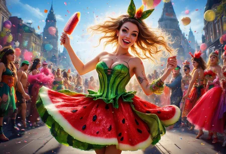 Ultra-detailed digital artwork, photorealistic style. A cheerful young woman wearing a whimsical watermelon costume: a glossy green corset with black stripes, a voluminous skirt shaped like a sliced watermelon (vivid red with shimmering black 'seeds' made of sequins). She dances joyfully at a sunlit summer parade, her hair flowing in motion, skirt swirling dynamically. Around her: a festive crowd in colorful costumes, confetti explosions, floating balloons, and banners decorating a vibrant city street. Background: blue sky, historic buildings adorned with flags. Style: Hyper-realistic textures (glistening watermelon rind, fabric folds on the corset), dramatic contrast between light and shadow, saturated colors. Magic elements: Soft glow around the sequin seeds, feathered hat resembling watermelon leaves, holding a glittering popsicle shaped like a watermelon slice. Atmosphere: Pure joy and celebration, golden-hour lighting with sun flares, intricate details (individual sequins, strands of hair, confetti reflections). Technical specs: 8K resolution, cinematic depth of field, Unreal Engine 5 rendering