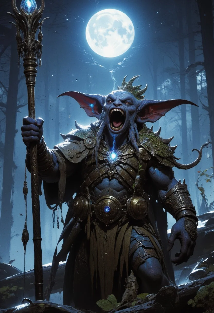 Picture a small, spry goblin with luminescent blue skin, its body covered in patches of moss and fungi. This Gloomroot Goblin lurks in a dense, fog-laden swamp. The setting is dimly lit by a full moon, casting eerie shadows. The creature's eyes gleam with a mischievous spark as it clutches a gnarled staff topped with a glowing crystal. It wears tattered robes that blend seamlessly with the surrounding mists. The shot captures it mid-cackle, with spores drifting in the air around its silhouette.