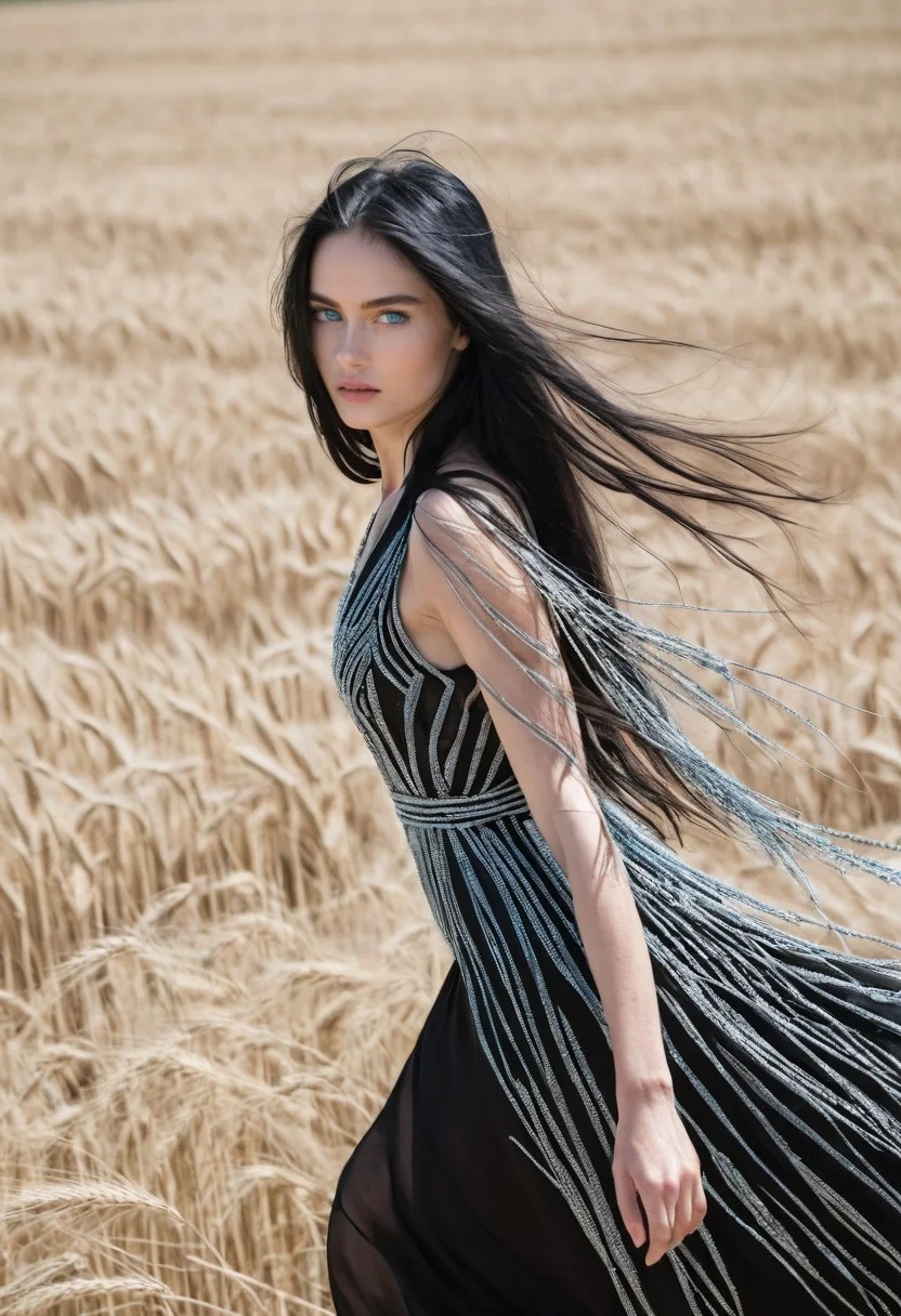 Create an ultra-realistic image, photographed with a 55 millimeter lens, of a beautiful woman with long black hair, light blue eyes, wheat-colored skin, a slim model Walking on the Paris 2023 fashion catwalk, wearing an elegant black dress with silver decorations. Captured in motion with motion blur. Paris catwalk.