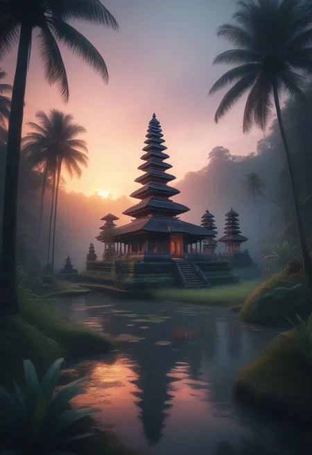 breathtaking beauty of Bali, scenic bali jungle sunset landscape with a temple, perfect composition, Pastell colors, haze, low angle,
shadow Palms, masterpiece, best quality, double exposure, realistic, whimsical, fantastic, splash art, intricate detailed, hyperdetailed, maximalist style, photorealistic, concept art, sharp focus, harmony, serenity, tranquility,
mysterious glow, ambient occlusion, halation, cozy ambient lighting,dynamic lighting, masterpiece, liiv1, linquivera, metix, mentixis, masterpiece, award winning,