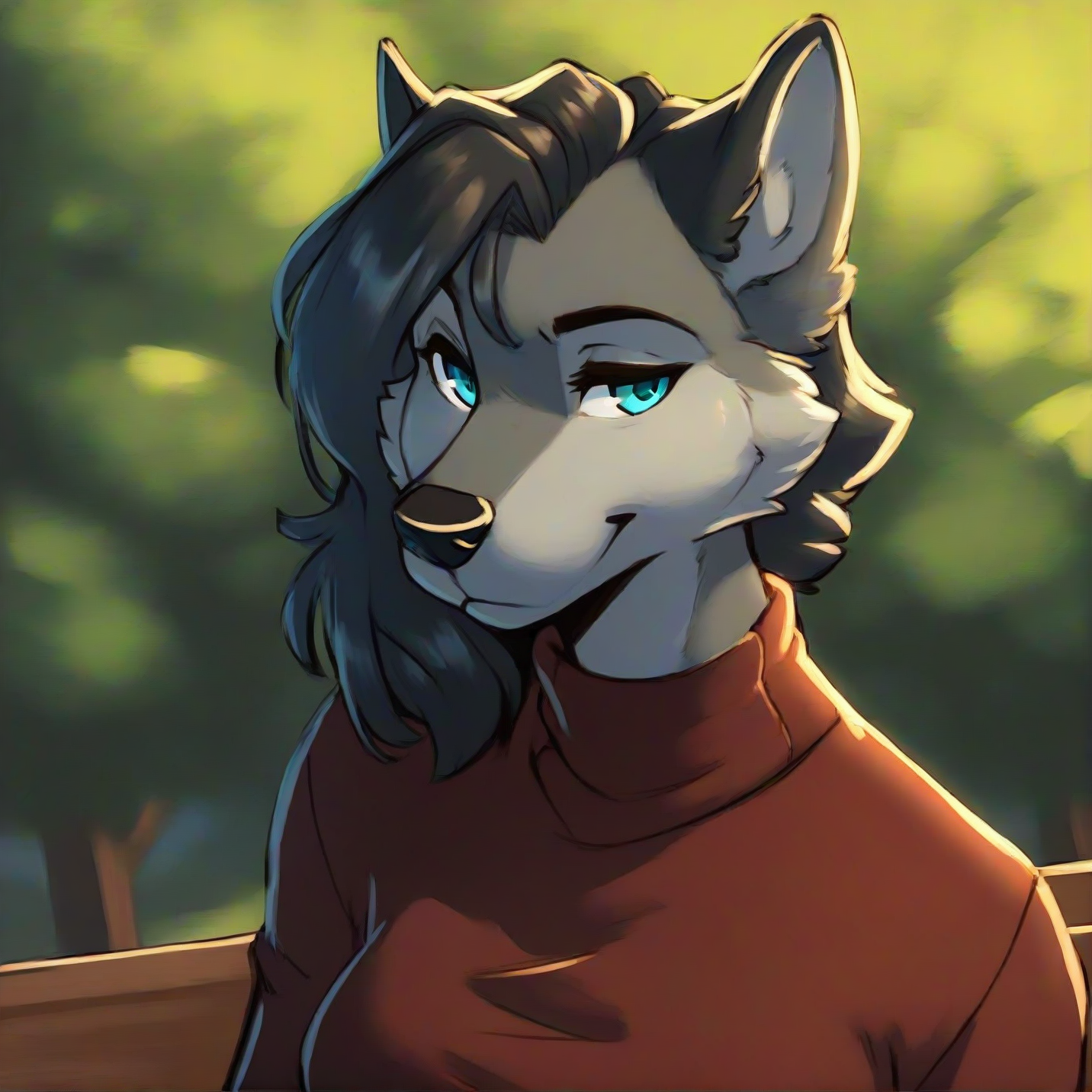 <lora:InuSama_V2_Style_PonyXL:0.8> inusama, by inu-sama,  score_9, score_8_up, score_7_up, score_6_up, score_5_up, score_4_up, source_furry, rating_safe, grey wolf, chestnut hair, turquoise eyes, gold body, clothed, clothing, detailed background, in a park, leaning on furniture, female, breasts, rating_safe,
