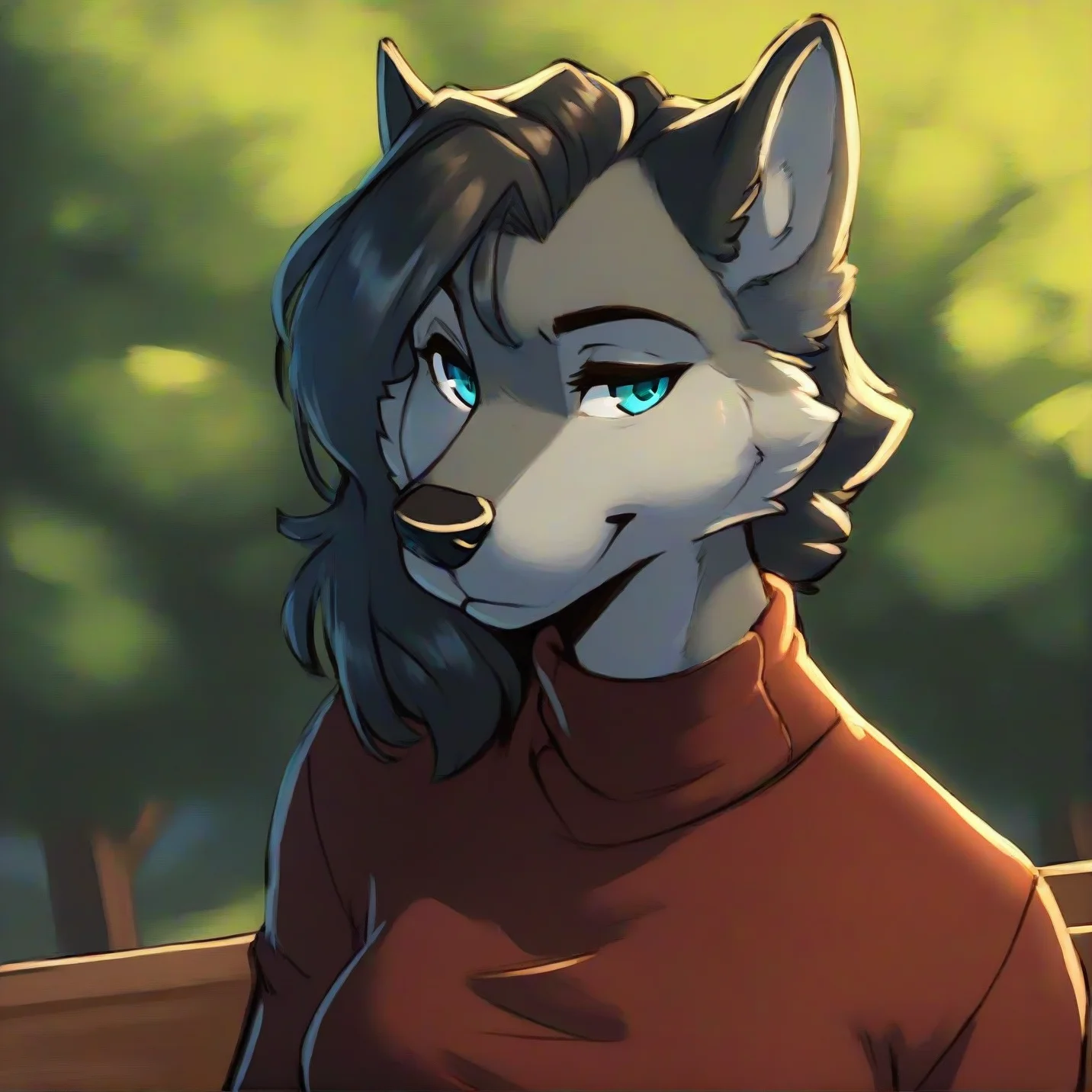 <lora:InuSama_V2_Style_PonyXL:0.8> inusama, by inu-sama, score_9, score_8_up, score_7_up, score_6_up, score_5_up, score_4_up, source_furry, rating_safe, grey wolf, chestnut hair, turquoise eyes, gold body, clothed, clothing, detailed background, in a park, leaning on furniture, female, breasts, rating_safe,