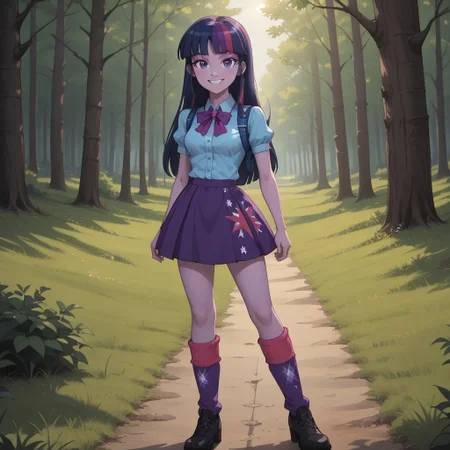 score_9, score_8, BREAK, solo, Princess_Twilight_Sparkle_(Equestria_Girl), 1girl, dark sapphire blue with moderate purple and brilliant raspberry streaks, purple eyes, light purple skin, light purple skin female, blue collared shirt, dark purple skirt, magenta and purple socks, black shoes, self portrait, smile, looking at viewer, outdoors, sunlight, shadows, evening lighting, natural lighting, forest, trees, grass, orange sky, sunset