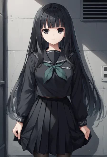 score_9, score_7_up, 1girl, Rinne, black hair, long hair, black eyes, black serafuku, green neckerchief, long sleeves, black skirt, black pantyhose, solo, looking at viewer, standing, expressionless, <lora:Rinne new 2:1>