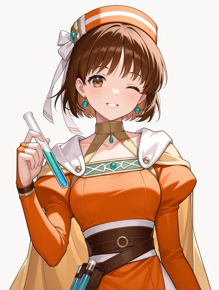 masterpiece,best quality,newest,
1girl,solo,
<lora:Elfir_Traum_ilxl_v1.2:1>,e_hat,elfir_traum,short hair,brown hair,brown eyes,e_clothes,
<lora:Fixhands_anime_bdsqlsz_V1:1>,looking_at_viewer,face_focus,white_background,simple_background,holding test tube,parted lips,;d,