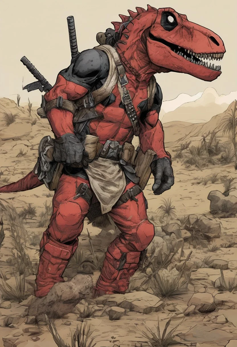 Deadpool \(Marvel Comics\) reimagined by (William Stout:1.2) features a distinct paleontological twist. His suit, traditionally red and black, now has a (textured, fossil-like appearance:1.3), mimicking ancient bones embedded within the fabric. (Armored scales:1.2) replace smooth areas, suggesting a prehistoric armor. Deadpool's (tactical belt:1.1) is adorned with (ornate, fossilized artifacts:1.2), and his weapons resemble (stone and bone tools:1.2). He stands in a (deserted landscape:1.2) scattered with (dinosaur skeletons and arid flora:1.3), blending action and ancient history in Stout's detailed, illustrative style.