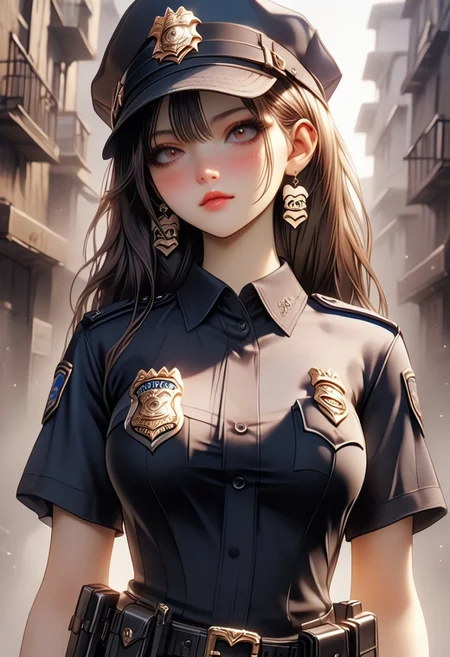 Police woman about 23 years old, good figure, good sexy figure, expressive eyes, cute face, hearts, score_9, score_8_up, score_7_up, Police uniform, bright blue short sleeve shirt, dark blue tie, gold badge of rank, shoulder epaulettes, pockets on the chest, black leather belt with lots of pouches and compartments, dark blue miniskirt, tight black stockings, light brown eyes, short dark brown hair, dark blue cap on his head with a gold badge, 1girl, alone girl, tall girl, detailed background, dark alley, ho1ding-weap0n, holding pistol, black pistol