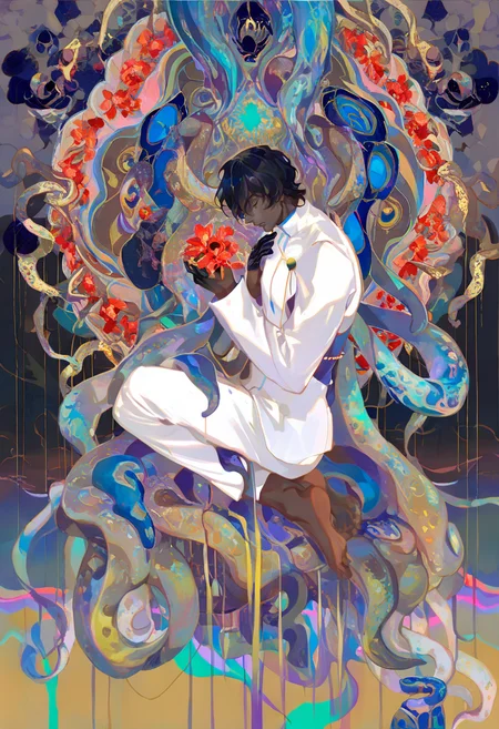 1boy, male focus, arjuna \(fate\), black hair, dark skin, gloves, dark-skinned male, solo, kneeling, flower, white pants, short hair, red flower, pants, holding, full body, closed eyes, long sleeves, barefoot, shirt, black gloves, white jacket, tentacles, abstract background, bishounen, abstract, jewelry, jacket, surreal <lora:reiXL_NB11_lokr_V6311P:0.95>
