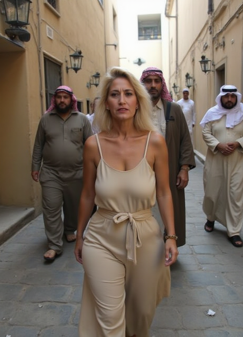 SFW, The image shows a woman walking on a cobblestone street. She is wearing a long, beige jumpsuit with a belt cinching her waist. Her e hair is styled in loose waves and she is looking directly at the camera with a serious expression. Behind her, there are several men wearing traditional Arab clothing, including robes and headscarves. The street is lined with buildings and there are street lamps hanging from the buildings. The overall mood of the image is somber and contemplative., aidmaimageupgrader<lora:flux\custom\adult\amber-conners.safetensors:1.0:1.0> <lora:turbo-8-step-flux.safetensors:0.5:0.5> <lora:flux\style\Common\aidmaImageUprader-FLUX-v0.3.safetensors:0.25:0.25>