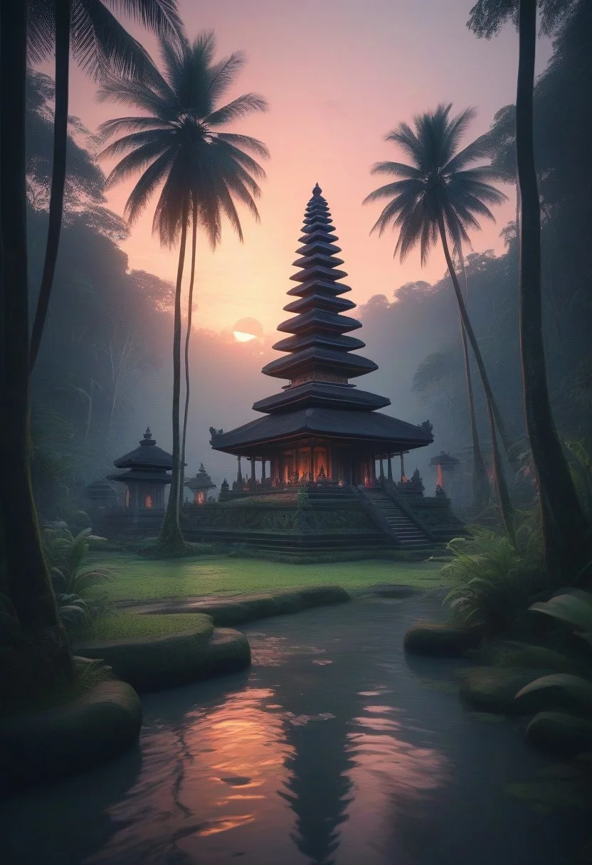 breathtaking beauty of Bali, scenic bali jungle sunset landscape with a temple, perfect composition, Pastell colors, haze, low angle,
shadow Palms, masterpiece, best quality, double exposure, realistic, whimsical, fantastic, splash art, intricate detailed, hyperdetailed, maximalist style, photorealistic, concept art, sharp focus, harmony, serenity, tranquility,
mysterious glow, ambient occlusion, halation, cozy ambient lighting,dynamic lighting, masterpiece, liiv1, linquivera, metix, mentixis, masterpiece, award winning,