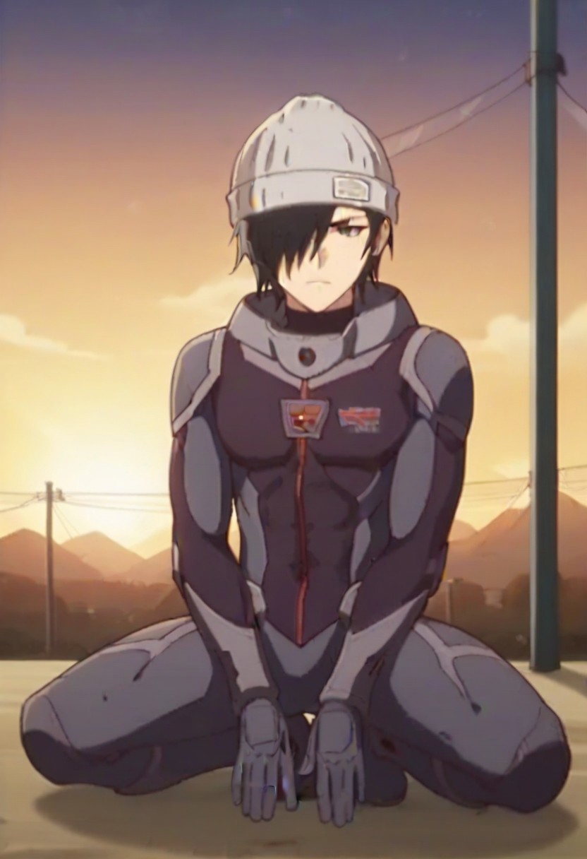 ((masterpiece)), ((best quality)), ((ultra-detailed)), ((absurdres)), score_9_up, score_8_up, score_7_up,
HD, top quality, best quality, amazing quality, High-quality illustrations, anime screencap, source_anime, best aesthetic, perfect proportions, perfect eyes, 1boy, 1male, solo boy, solo male, male focus, solo male focus, Anime, boy, male anime character, anime boy, handsome, cute, charming, Ulgar Zweig, black hair, hair over one eye, gray eye, beanie, ((gray bodysuit)), ((toned body, lean body)), ((full body shot, head to feet shot)), ((front shot, front view, facing front)), ((sunset)), easynegative, updn, Expressiveh, masterpiece, best quality, very aesthetic, absurdres