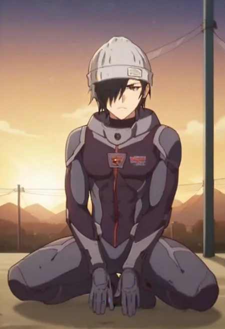 ((masterpiece)), ((best quality)), ((ultra-detailed)), ((absurdres)), score_9_up, score_8_up, score_7_up,
HD, top quality, best quality, amazing quality, High-quality illustrations, anime screencap, source_anime, best aesthetic, perfect proportions, perfect eyes, 1boy, 1male, solo boy, solo male, male focus, solo male focus, Anime, boy, male anime character, anime boy, handsome, cute, charming, Ulgar Zweig, black hair, hair over one eye, gray eye, beanie, ((gray bodysuit)), ((toned body, lean body)), ((full body shot, head to feet shot)), ((front shot, front view, facing front)), ((sunset)), easynegative, updn, Expressiveh, masterpiece, best quality, very aesthetic, absurdres