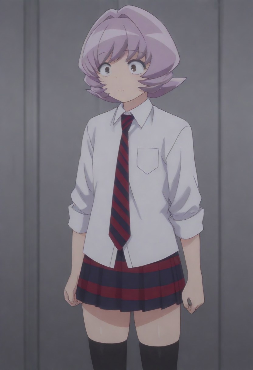 masterpiece, best quality, amazing quality,,, shiny skin,,,,,<lora:Osana_Najimi_cnn:0.8> osananajimicnn,,short hair, brown eyes,androgynous, light purple hair, school uniform, white shirt, striped necktie,striped skirt, pleated skirt,black thighhighs,