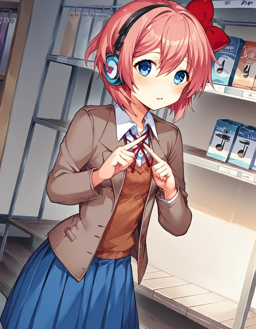 score_9, score_8_up, score_7_up, source_anime, <lora:ddlc-sayori-ingame-ponyxl-lora-nochekaiser:1>, sayori, blue eyes, hair between eyes, hair bow, hair ornament, pink hair, red bow, short hair,, blue skirt, pleated skirt, school uniform, skirt, brown jacket, jacket,, music store, browsing records, headphones, vinyl collection, nostalgic, , <lora:x-fingers-ponyxl-lora-nochekaiser:1>, x fingers, blush, parted lips,, looking at viewer, solo,, dutch angle, cowboy shot