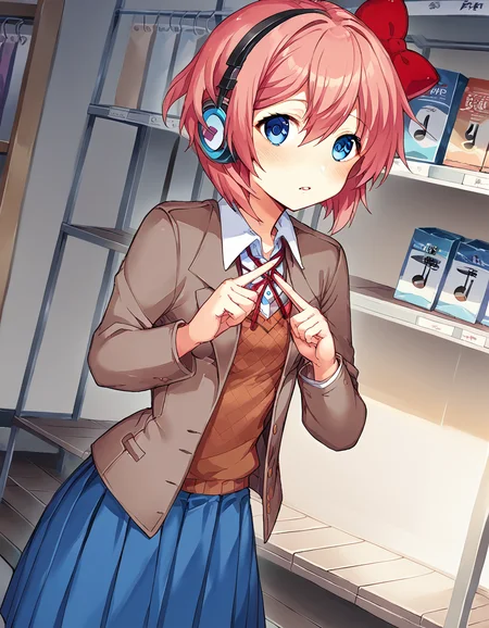 score_9, score_8_up, score_7_up, source_anime, <lora:ddlc-sayori-ingame-ponyxl-lora-nochekaiser:1>, sayori, blue eyes, hair between eyes, hair bow, hair ornament, pink hair, red bow, short hair,, blue skirt, pleated skirt, school uniform, skirt, brown jacket, jacket,, music store, browsing records, headphones, vinyl collection, nostalgic, , <lora:x-fingers-ponyxl-lora-nochekaiser:1>, x fingers, blush, parted lips,, looking at viewer, solo,, dutch angle, cowboy shot