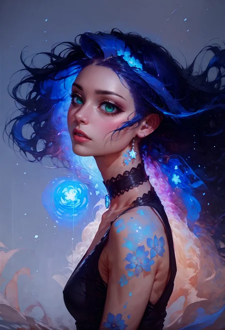 score_9, score_8_up, score_7_up, 1girl, realistic, long hair, wind, galaxy, solo, black dress, floral theme, from front, facing viewer, milky way, (blue glow, purple hue) <lora:sdxl\Concept Art Twilight Style SDXL_LoRA_Pony Diffusion V6 XL:0.8>, concept art, <lora:sdxl\Expressive_H-000001:0.8>, expressiveH <lora:sdxl\pony_vixon_galaxy:0.7>, g4l4xy <lora:sdxl\sinfully_stylish_SDXL>