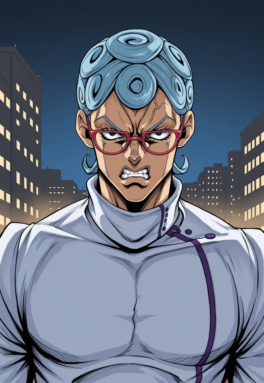 jojo's bizarre adventure, hirohiko araki style, anime, masterpiece, best quality, detailed background, 8k, 1boy, solo, Ghiaccio, light blue hair, short hair, curly hair, black eyes, red glasses, shirt collar, white shirt, long-sleeved shirt, standing, outdoors, city, night, face focus, close-up, angry, teeth, clenching teeth, tilting head, half body, glaring at viewer, no pose,