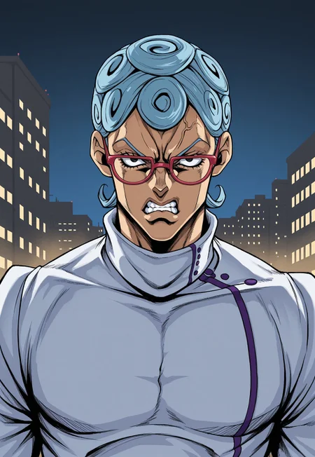jojo's bizarre adventure, hirohiko araki style, anime, masterpiece, best quality, detailed background, 8k, 1boy, solo, Ghiaccio, light blue hair, short hair, curly hair, black eyes, red glasses, shirt collar, white shirt, long-sleeved shirt, standing, outdoors, city, night, face focus, close-up, angry, teeth, clenching teeth, tilting head, half body, glaring at viewer, no pose,