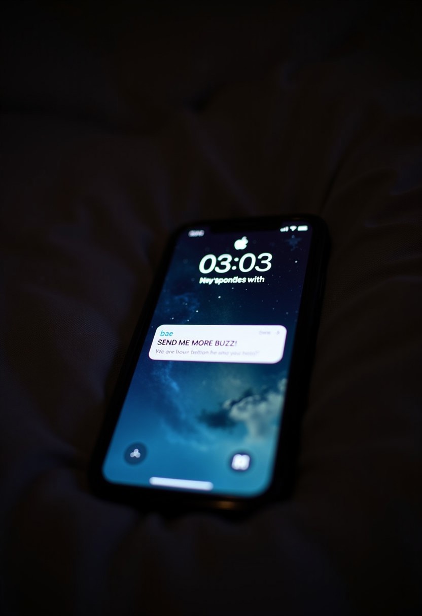 iPhone placed on bedside, iPhone lock screen, time 03:03 AM, new notification on top with, a message from someone named 'bae' saying " SEND ME MORE BUZZ! ".