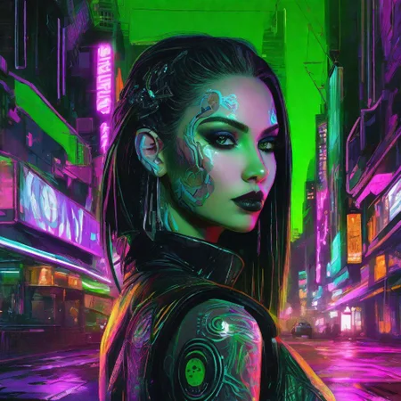 creepy Cyberpunk artwork inspired by Jack Skellington from The Nightmare Before Christmas, set in a futuristic fashion cyberpunk universe. Sexy, Emphasize her seductive allure, beautiful face, perfect eyes, perfect nose shape, perfect lips, perfect hands, vibrant green foliage, neon-lit cityscape, and intricate cybernetic enhancements. Capture the essence of danger and allure in this cyberpunk masterpiece., cyberpunk style
Negative Prompt