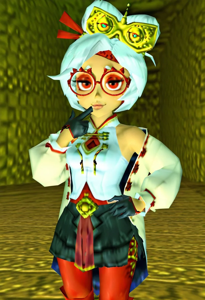 purah, white hair, red eyes, hair ornament, red headband, red glasses, sleeveless shirt, white coat, black skirt, red leggings, looking at viewer, smug, abstract background, gloves, lips, cowboy shot,