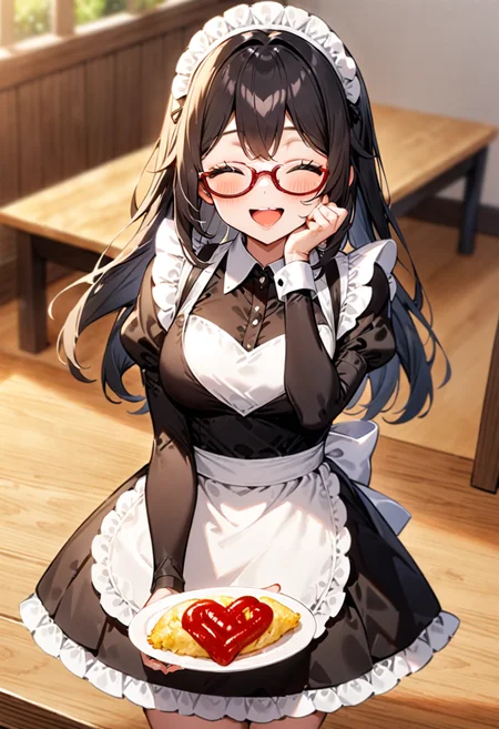 masterpiece, best quality, very aesthetic, absurdres,
1girl, solo, glasses, black hair, long hair, maid headdress, maid, maid apron, black dress, happy, smile, looking at viewer, closed eyes, open mouth, standing, holding tray,
BREAK
omurice_heart, still life, food focus, plate, food, heart, ketchup, ketchup in a heart shape, wooden table,
<lora:omurice_heart_SDXL_V1:1>