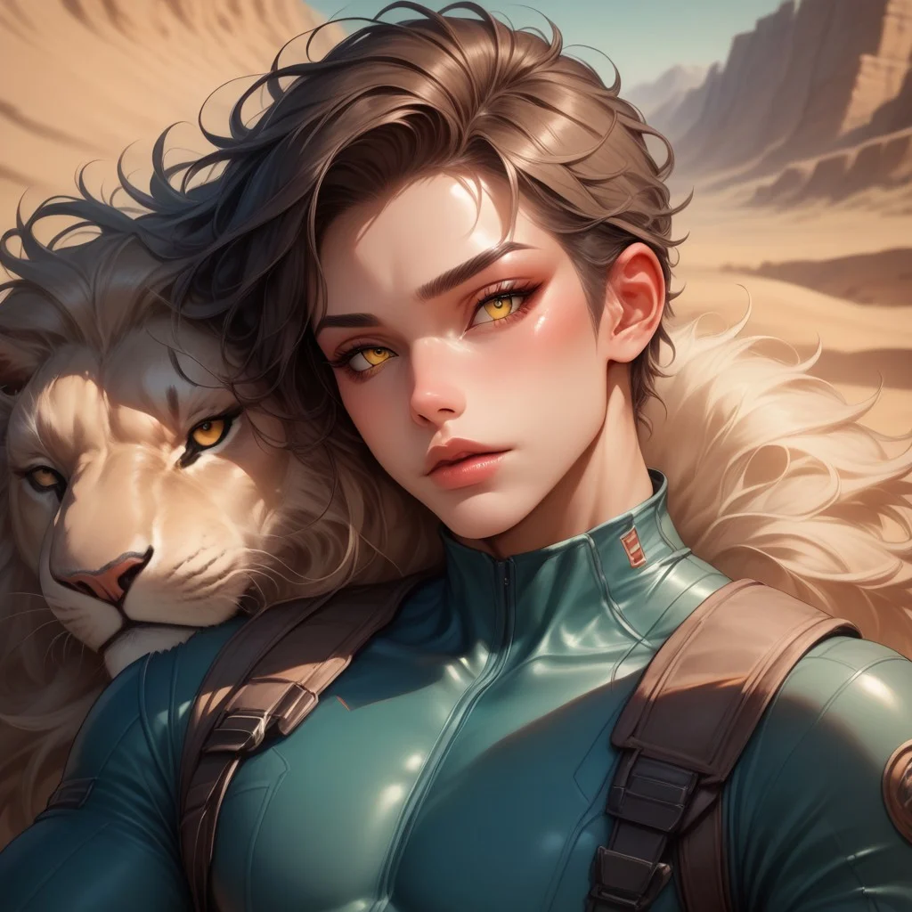 aaPO8bd,score_9,score_8_up,score_7_up,score_6_up,score_6_up,adult, 1man,sci-fi bodysuits, sleep , closed-up, open mouth,BREAK (a lion),eye focus, yellow eyes, aesthetic, rule of thirds, realistic, tongue, desert, dune, muscular