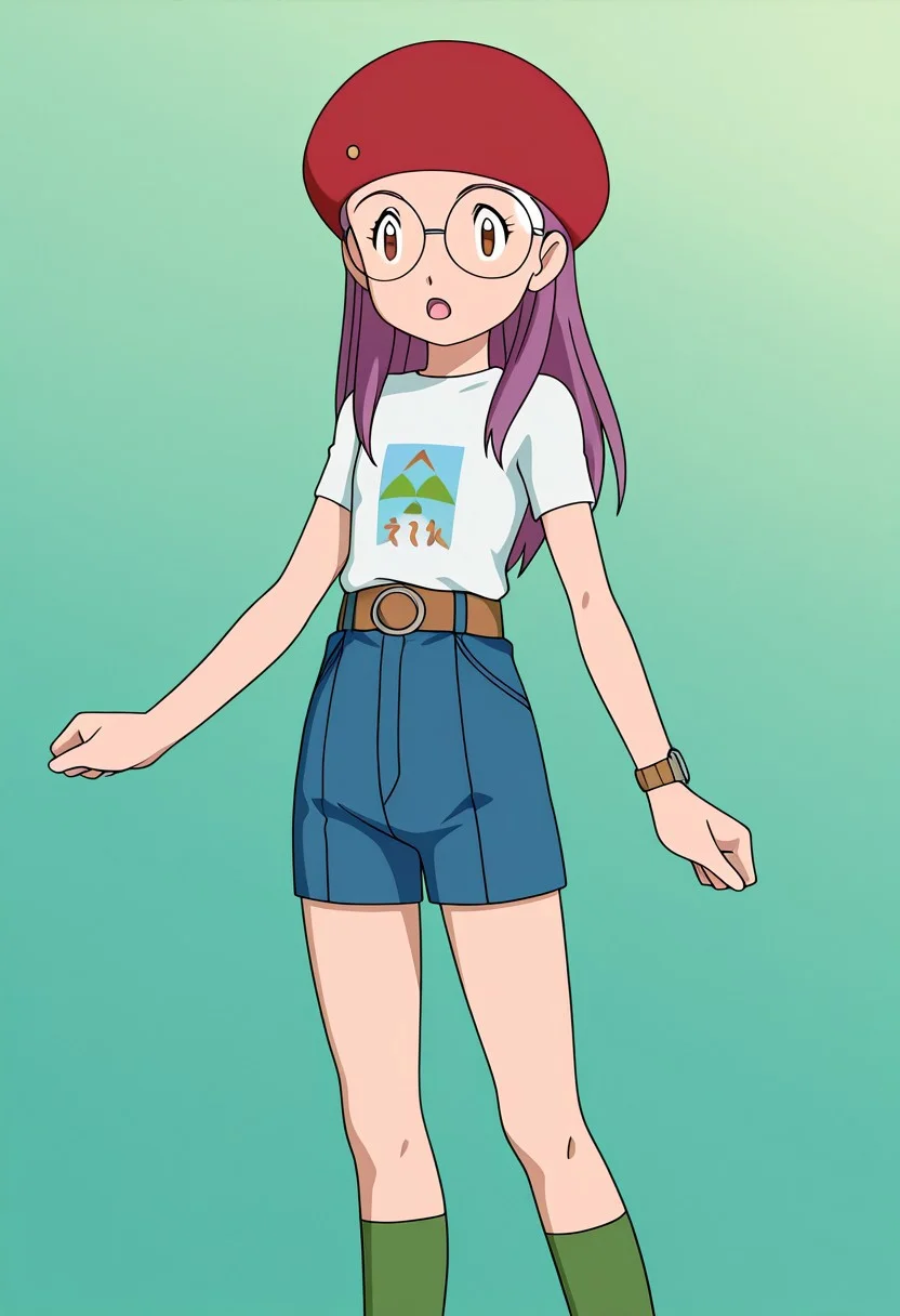 anime screencap, anime art style, digimon adventure 02, yolei inoue, red beret, round glasses, green short-sleeve t-shirt, graphic t-shirt, blue high-waisted shorts, green socks, burgundy sneakers, wristwatch, 1girl, glasses, hat, solo, long hair, open mouth, shirt, belt, red headwear, short sleeves, t-shirt, beret, white shirt, pants, green background, brown eyes, 2outfit, summer clothes, 1 Character