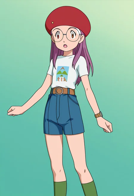 anime screencap, anime art style, digimon adventure 02, yolei inoue, red beret, round glasses, green short-sleeve t-shirt, graphic t-shirt, blue high-waisted shorts, green socks, burgundy sneakers, wristwatch, 1girl, glasses, hat, solo, long hair, open mouth, shirt, belt, red headwear, short sleeves, t-shirt, beret, white shirt, pants, green background, brown eyes, 2outfit, summer clothes, 1 Character