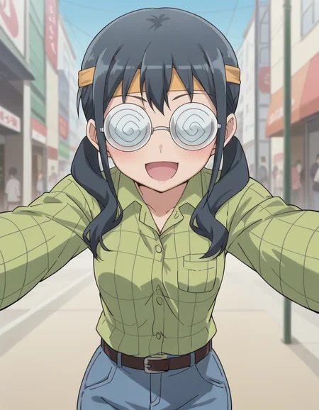 score_9, score_8_up, score_7_up, score_6_up, score_5_up, score_4_up, source_anime, anime screencap, BREAK 1girl, solo, outdoors, upper body, reaching towards viewer, open mouth, smile, blush, 
 <lora:Makishima_Saori_Pony:1> makishima_saori, black hair, grey hair, saori_bageena, twintails, coke-bottle glasses, opaque glasses, headband, green shirt, denim jeans, belt,