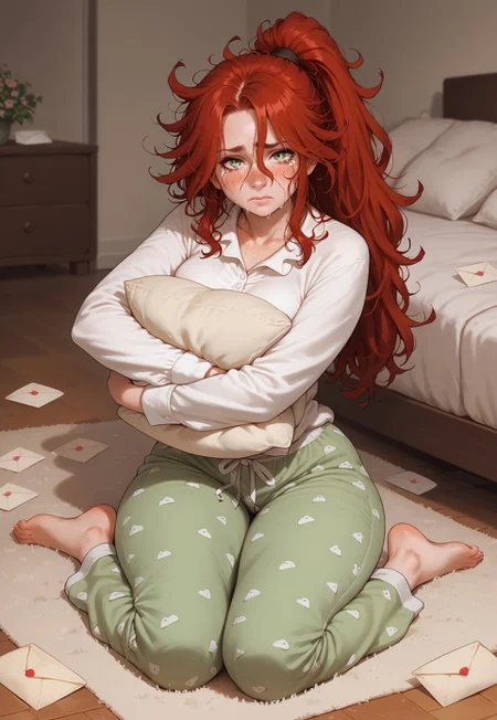 safe_pos, ((SFW)), score_9, score_8_up, score_7_up, beautiful girl, Dynamic pose, (pale skin:1.3), (freckles), green eyes, long red hair in a ponytail, messy hair, medium breasts, wide hips, curvy figure, thick legs, solo, wearing pajama pants, wearing a large white shirt, ((crying, sad tears running down her cheeks)), kneeling, (crying into a large pillow), (hugging a pillow:1.4), looking at viewer, in the living room, barefoot, (letter on ground:1.5), (dead flowers on the ground:1.4)