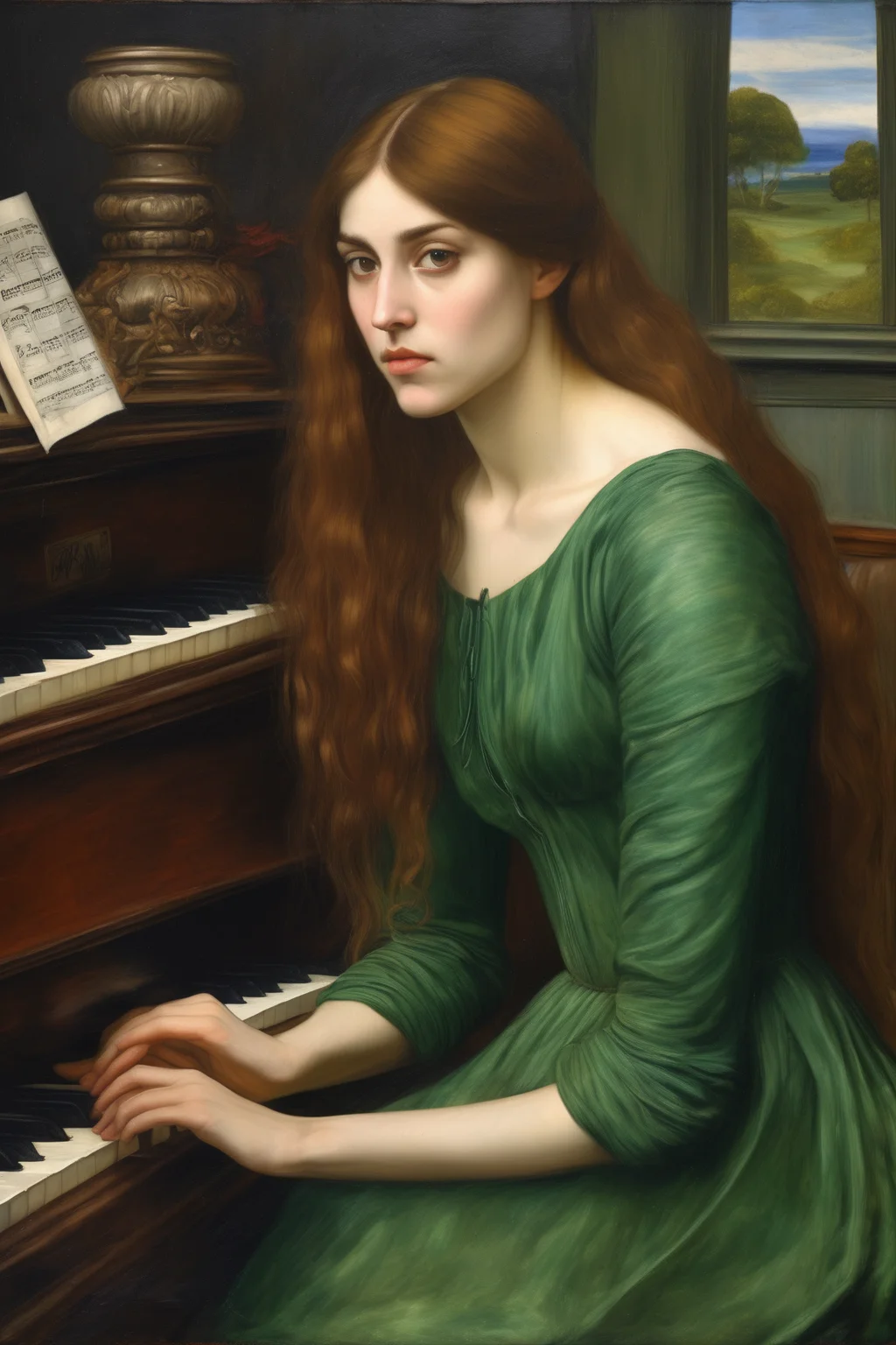 John William Waterhouse Style - Pre-Raphaelitism style oil painting portrait in the style of john everett millais, Jeanette a 27-year-old pianist,The woman's long black straight hair covers half of her face, in a green shoulderless jumpsuit who is playing the piano, in the practice room with a panorama composition, 15th century early Renaissance oil painting, serene and dreamlike, serene and dreamy, detailed dreamscapes, draw a lot of details, oil painting brushstrokes, abundant paint rich pigments, Pre-Raphaelitism style of oil painting