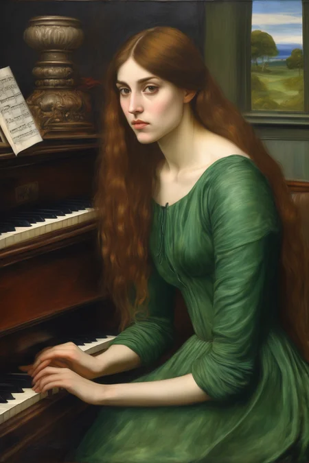 John William Waterhouse Style - Pre-Raphaelitism style oil painting portrait in the style of john everett millais, Jeanette a 27-year-old pianist,The woman's long black straight hair covers half of her face, in a green shoulderless jumpsuit who is playing the piano, in the practice room with a panorama composition, 15th century early Renaissance oil painting, serene and dreamlike, serene and dreamy, detailed dreamscapes, draw a lot of details, oil painting brushstrokes, abundant paint rich pigments, Pre-Raphaelitism style of oil painting