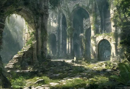 forest with an elven city inside of it, in the forest, large white stone arch ways that stand over a white stone city that lie inside of a large forest. ethereal lighting, masterpiece, 8k, high resolution. white stone, archways, elvish architecture, dense forest, overgrown, elder scrolls. Forest surrounds the ruins. The background shows the first reaching far off into the distance.