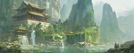 chinese buliding,temple,guofeng,(pond:0.8),sunkilow,concept art,waterfall come from the mountain top,panorama,long shot,(reflection light:0.8),masterpiece,best quality,high quality,high details,UHD,gloomy,(low saturation:0.4),artstation,(oil painting:0.8),bichu,<lora:Vcu;SDXL:0.6>,<lora:bichu230728-000006_0.5+bichu230729-000008_0.5:0.4>,<lora:gloomyXL:0.6>,