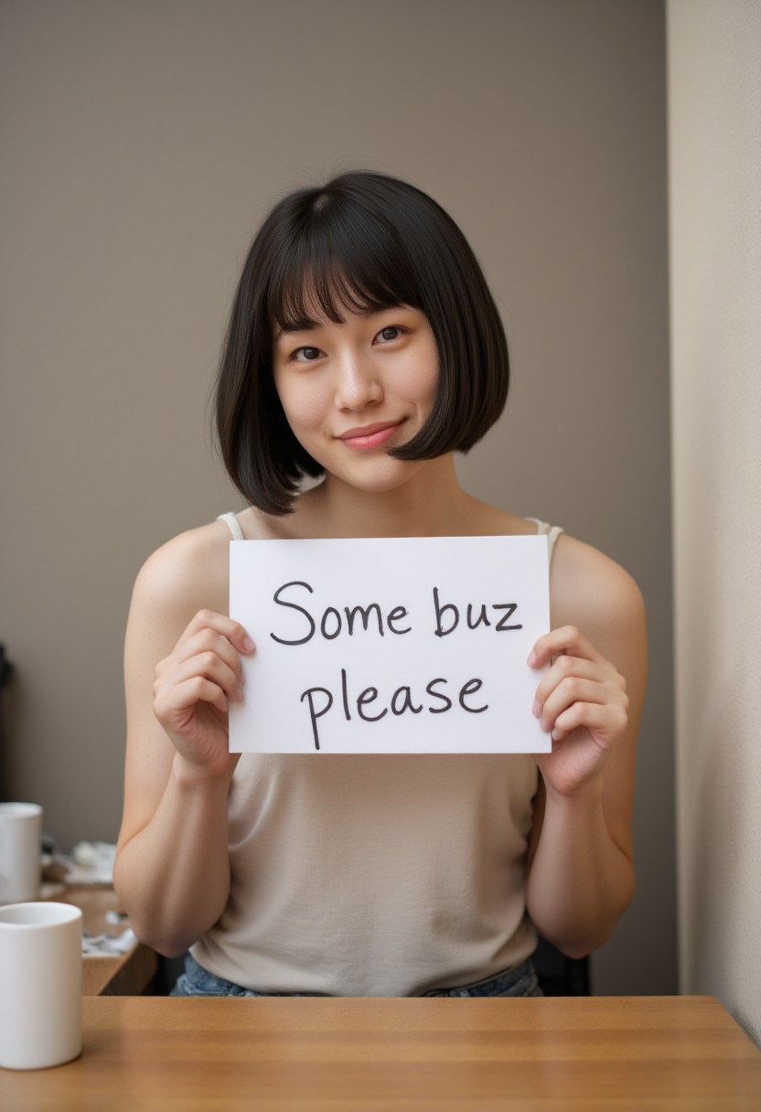 Cute asian girl with bobcut, holding a sign that reads "Some buzz please", FictionalAyumi
