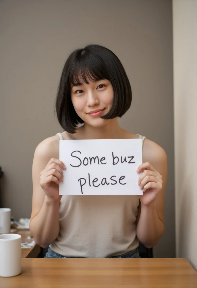 Cute asian girl with bobcut, holding a sign that reads "Some buzz please", FictionalAyumi