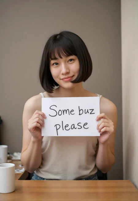 Cute asian girl with bobcut, holding a sign that reads "Some buzz please", FictionalAyumi