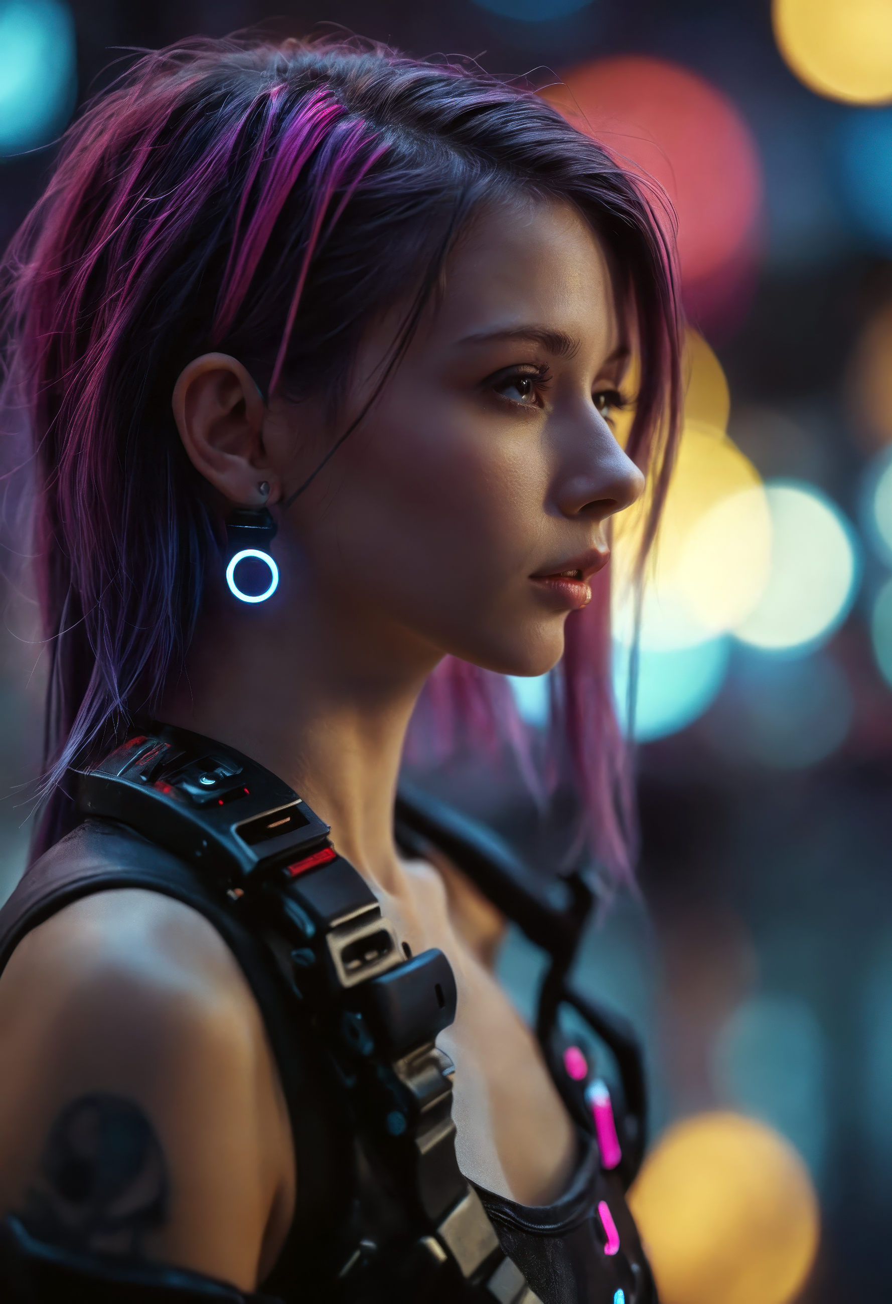 epic photograph of a young woman wearing cyberpunk clothing, cyberpunk style, ektachrome, shallow depth of field, highly detailed, bokeh, cinemascope, moody, epic, gorgeous, film grain