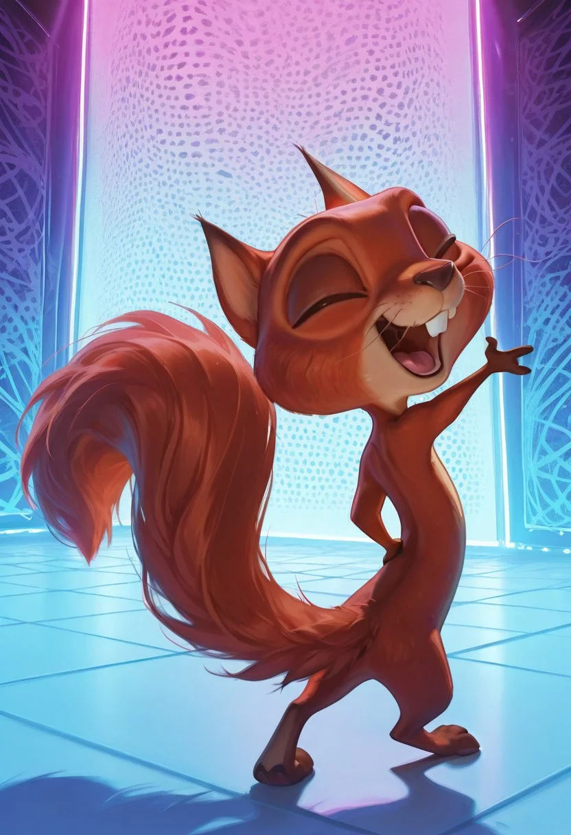 masterpiece, absurdres, amazing quality, photorealistic, ultra-detailed, solo, male focus, from above, high-angle view, from behind, rear view, chibi, furry male, 1boy, chip_superpet, red fur, eyes closed, turning head, crooked whiskers, chipped tooth, buck teeth, open mouth, happy, tongue, teeth, fluffy tail, slim, tiny waist, body fur, brown hands, reclining, standing, full body, looking at viewer, leg up, dancing, standing on one leg, pawpads, hand on hip, arm up, outstretched arm, naked, no anus, dancing, long tail,
BREAK
psychedelic background, patterned background, nightclub, dancefloor, neon lights, oversized object, g0thic, neon, shadow, detailed shading, underlighting, WaiIL25PosC