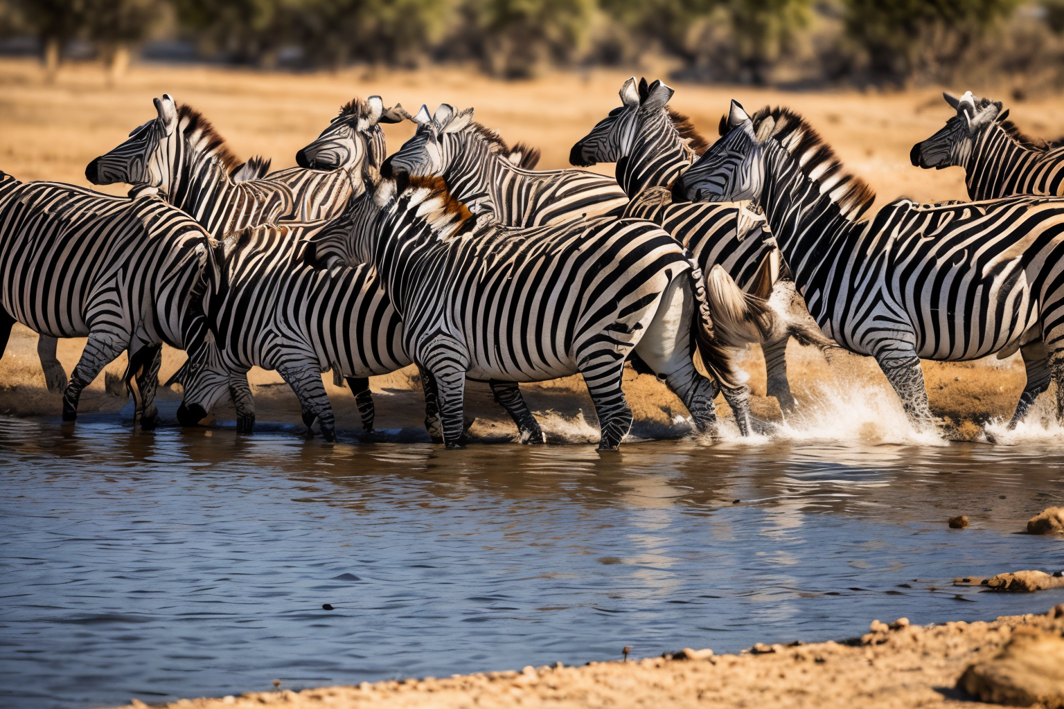 desert landscape (masterpiece, best quality:1.2), ultra-detailed, group of zebras drinking on river,  (realistic:1.5), <lora:EdobZebra_v1.0:0.8>