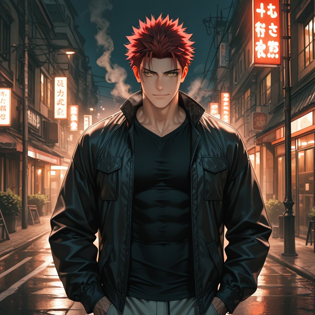masterpiece, best quality, amazing quality, absurdres, newest, detailed background, definition so sharp, Ultra-HD, 8K cinematic, very awa, impressionate, amazing quality, highres, 
solo, male focus, manly, 
1boy, spiked hair, short hair, mikoto_red hair, mikoto_yellow eyes, mikotosuoh, open jacket, black shirt, smoke, urban setting, night, streetlights, subtle glow, predatory gaze, muscular, standing, hands in pockets, looking at viewer, calm expression, slight smile,